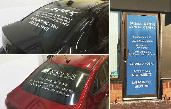 Perforated vinyl with clear laminate and colour printed graphics for vehicle and outdoor window signage