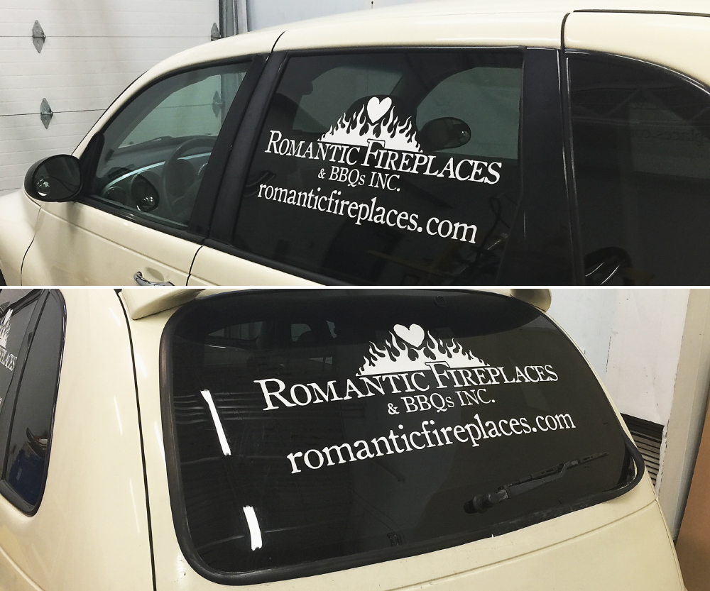 Romantic Fireplaces’ cut vinyl vehicle decals / Vehicle graphics, full colour printed and cut vinyl, decals and half or partial wraps for cars and trucks