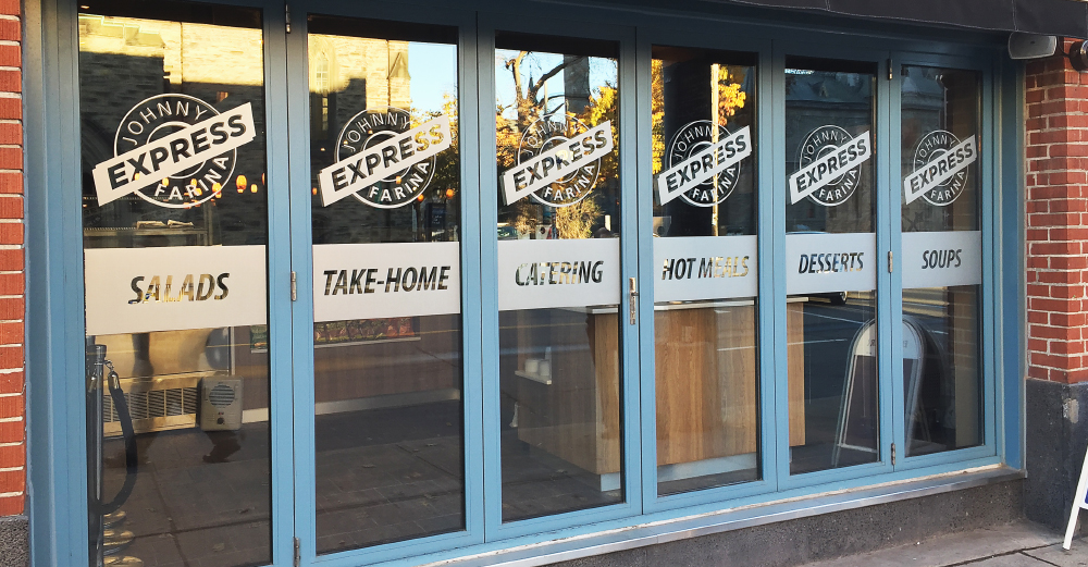 Full colour printed and cut vinyl frosted vinyl graphics for windows, simulated etched glass look for cost-effective professional appearance