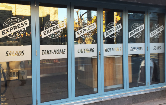 Full colour printed and cut vinyl frosted vinyl graphics for windows, simulated etched glass look for cost-effective professional appearance