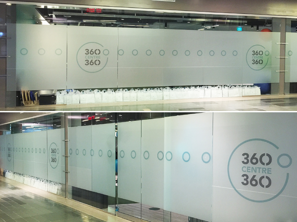 360 Centre windows / Full colour printed and cut vinyl frosted vinyl graphics for windows, simulated etched glass look for cost-effective professional appearance